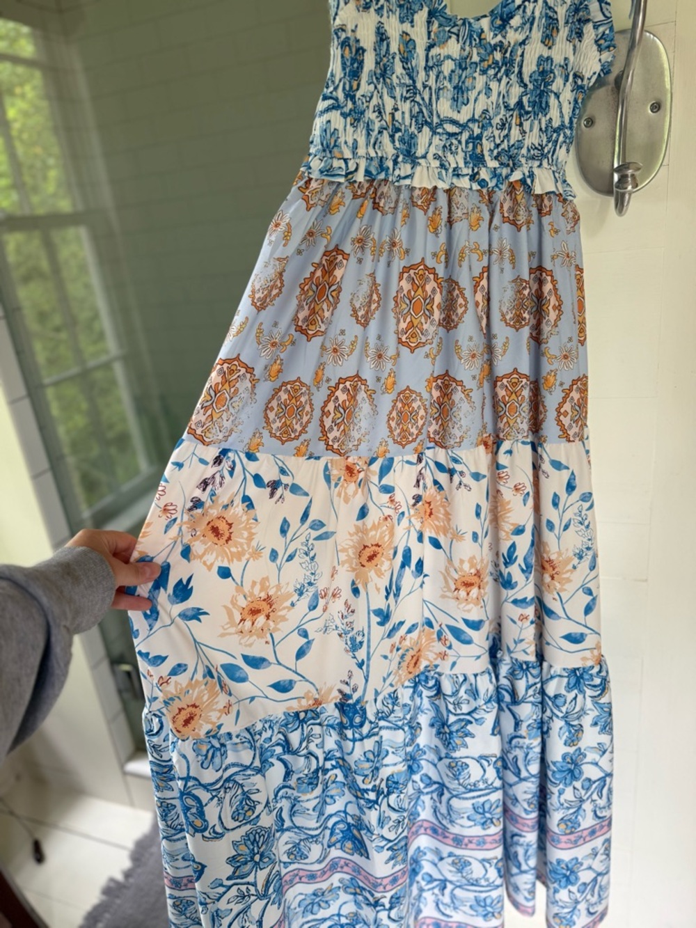 Blue & White Tiered Maxi Dress with Floral Print Bow Shoulder - Picture 3 of 6